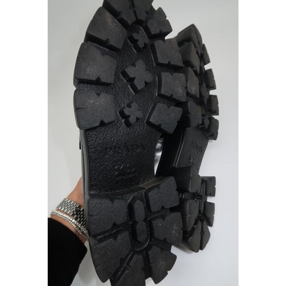 Prada Leather Monolith Triangle Logo Platform Brushed Loafers Black Size 37.5 - Picture 5 of 11